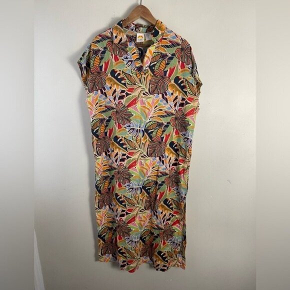 C&C California Womens sz small Linen Rainbow Tropical Floral Kaftan Midi Dress - Picture 2 of 13